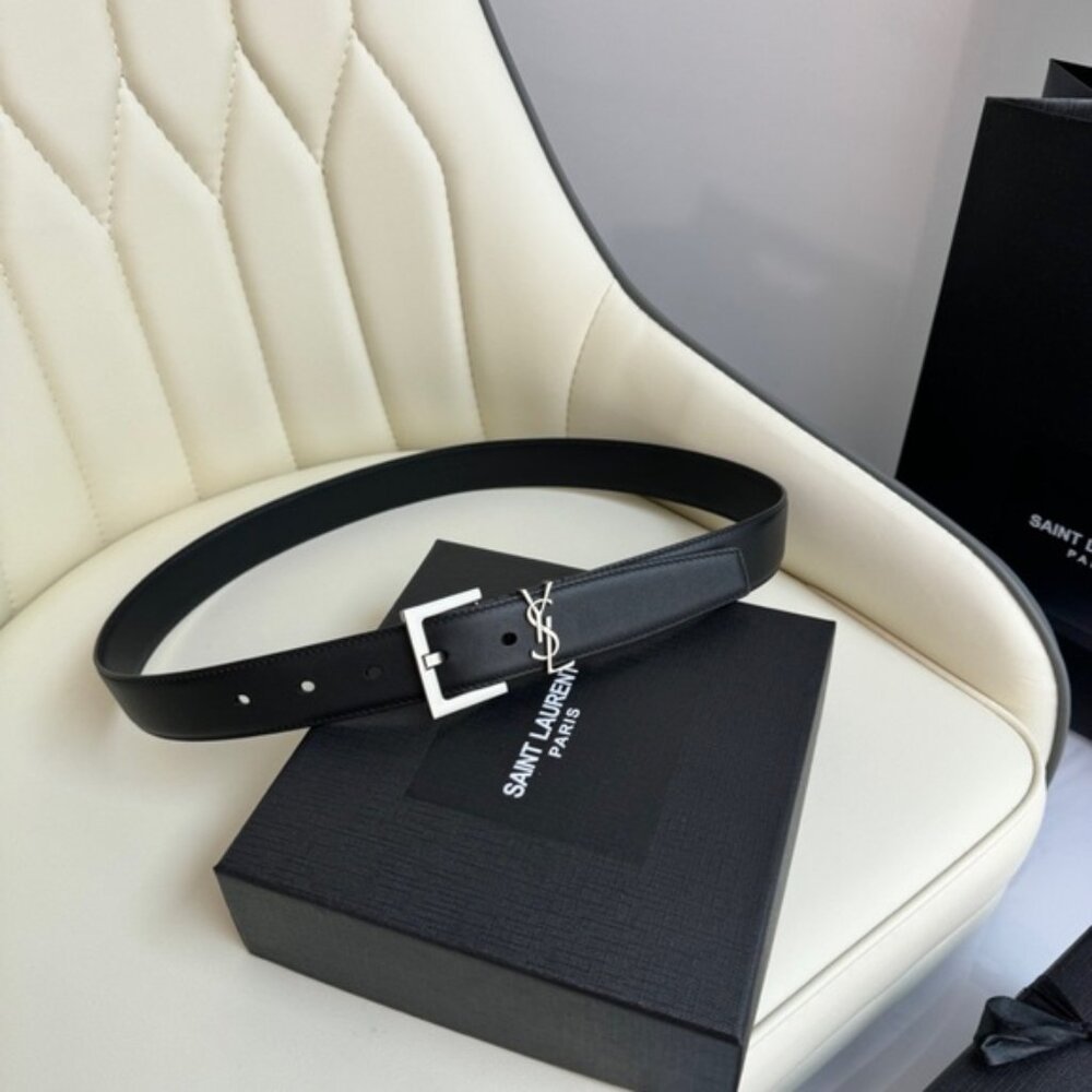 Saint Laurent Black Belt with Silver-Tone Buckle
